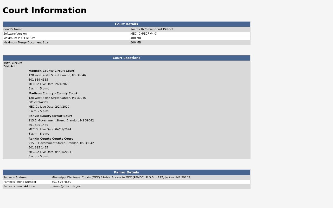 Mississippi Electronic Courts information for Madison County courts