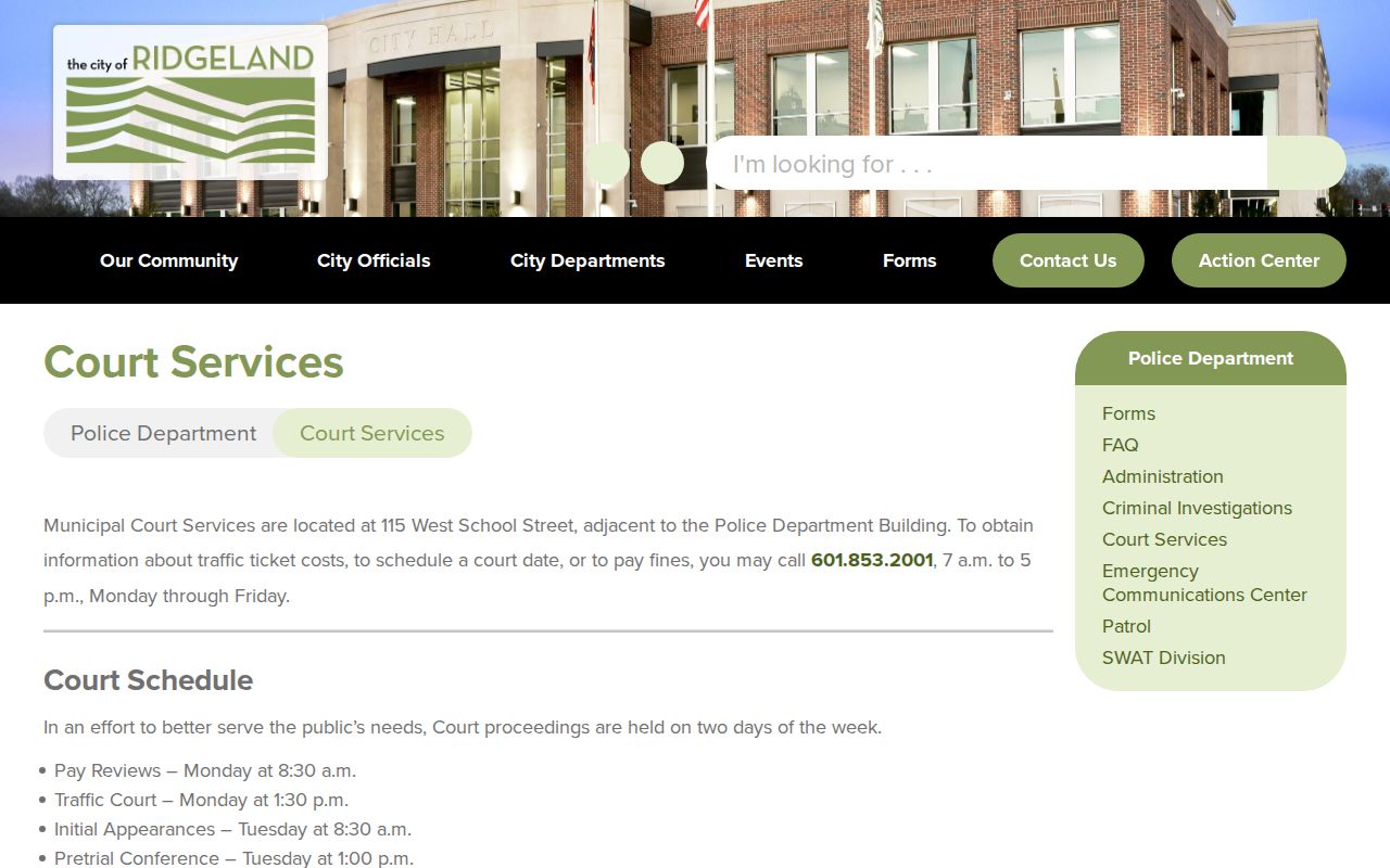 Ridgeland Court Services schedule and contact details