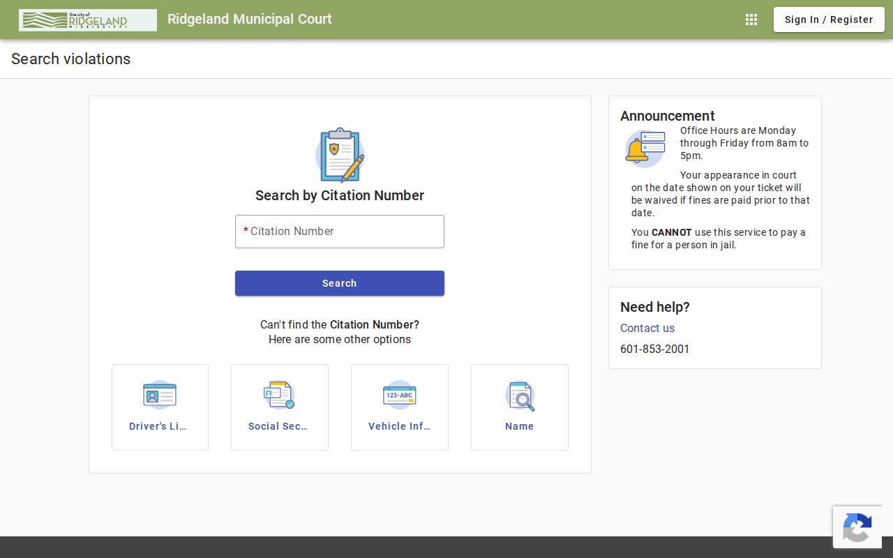 Ridgeland municipal citation search fields
