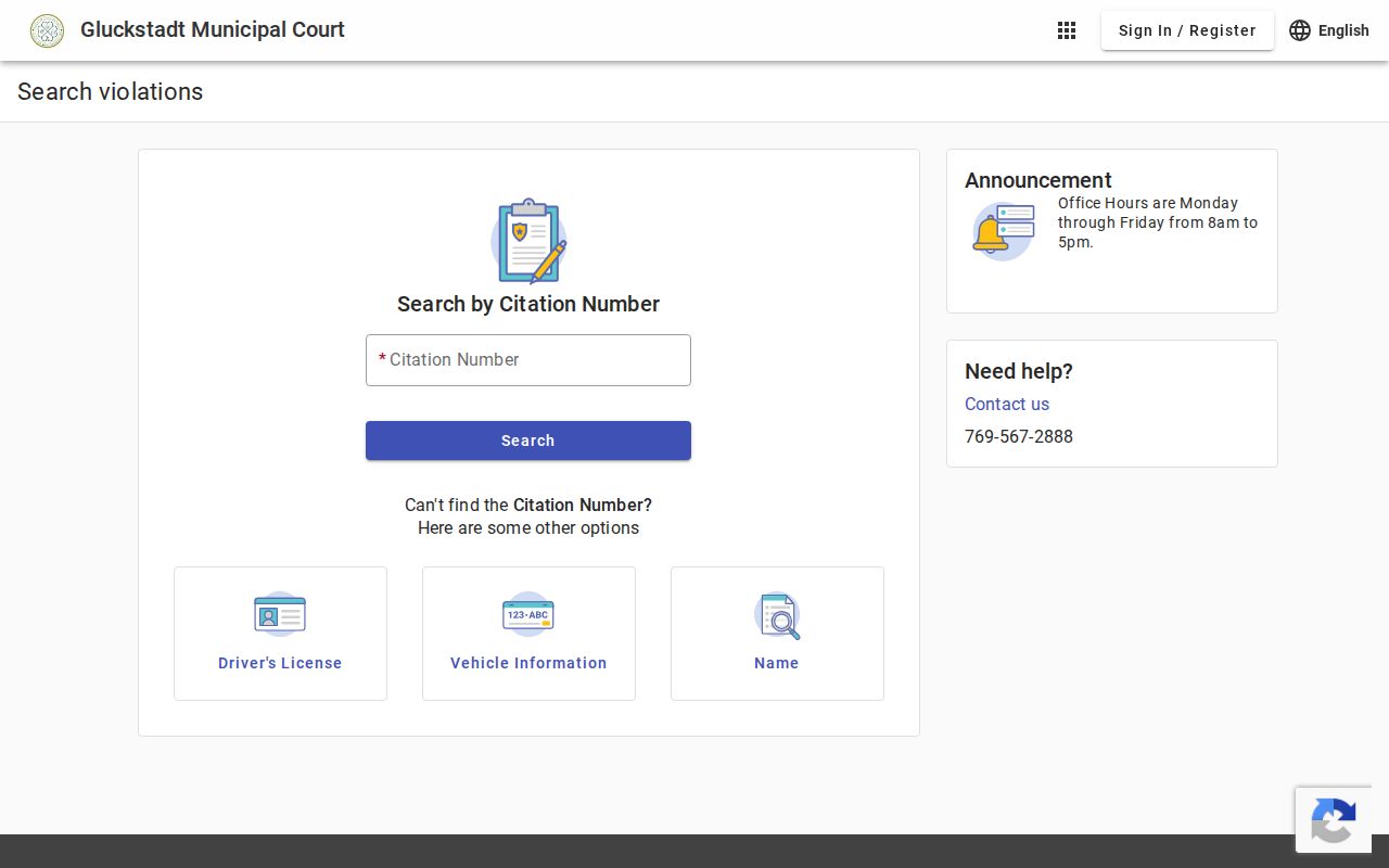 Gluckstadt's blank municipal citation search interface